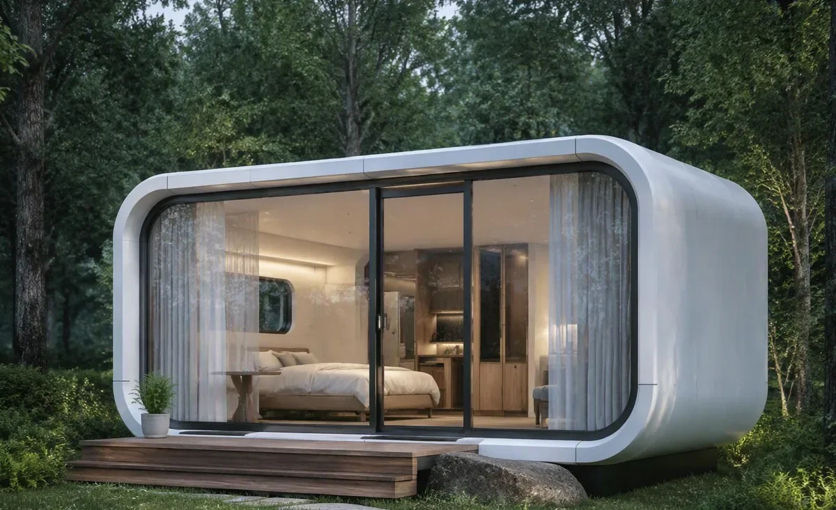 Apple Cabin aux lignes arrondies et à la façade vitrée — illustration.