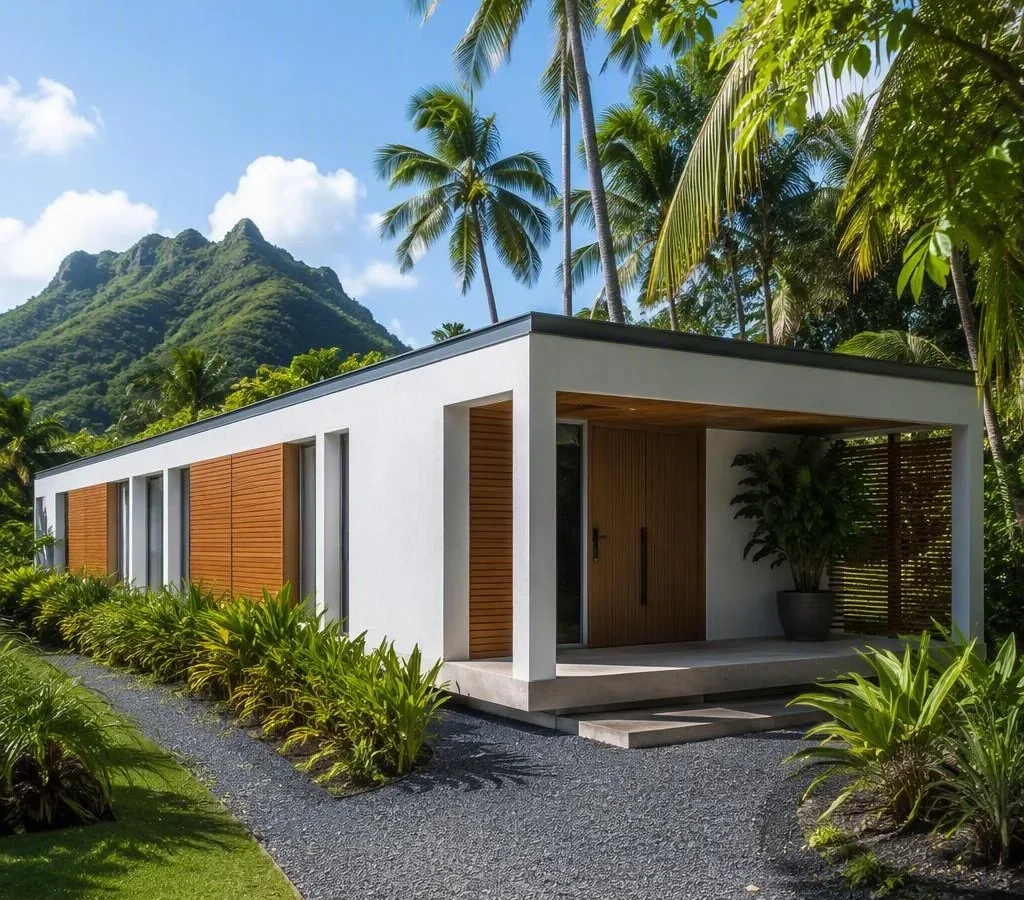 Maison Puruhi au pied des montagnes, avec un jardin tropical — illustration.
